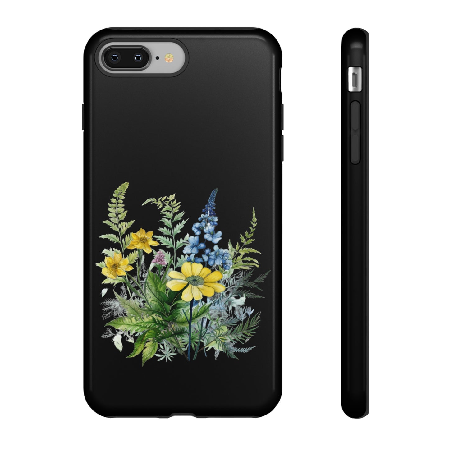 Yellow and Blue Wildflowers on Black Background Phone Case