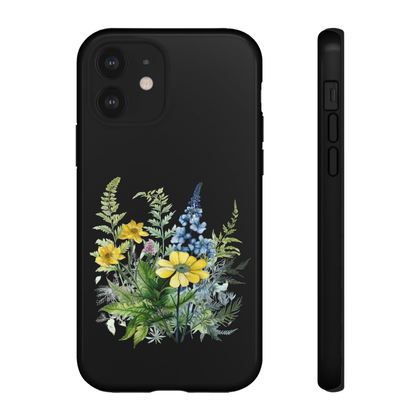 Yellow and Blue Wildflowers on Black Background Phone Case