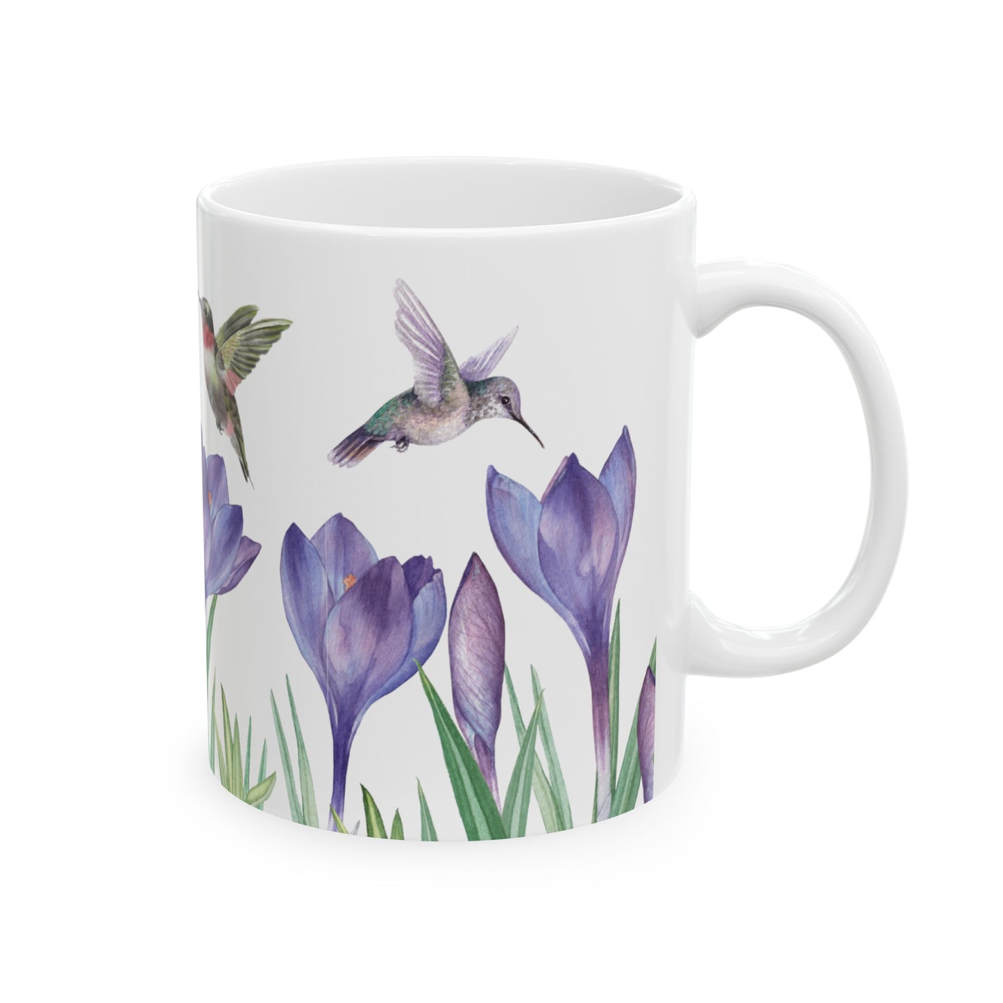 Hummingbirds and Crocus Flowers Watercolor Style Mug