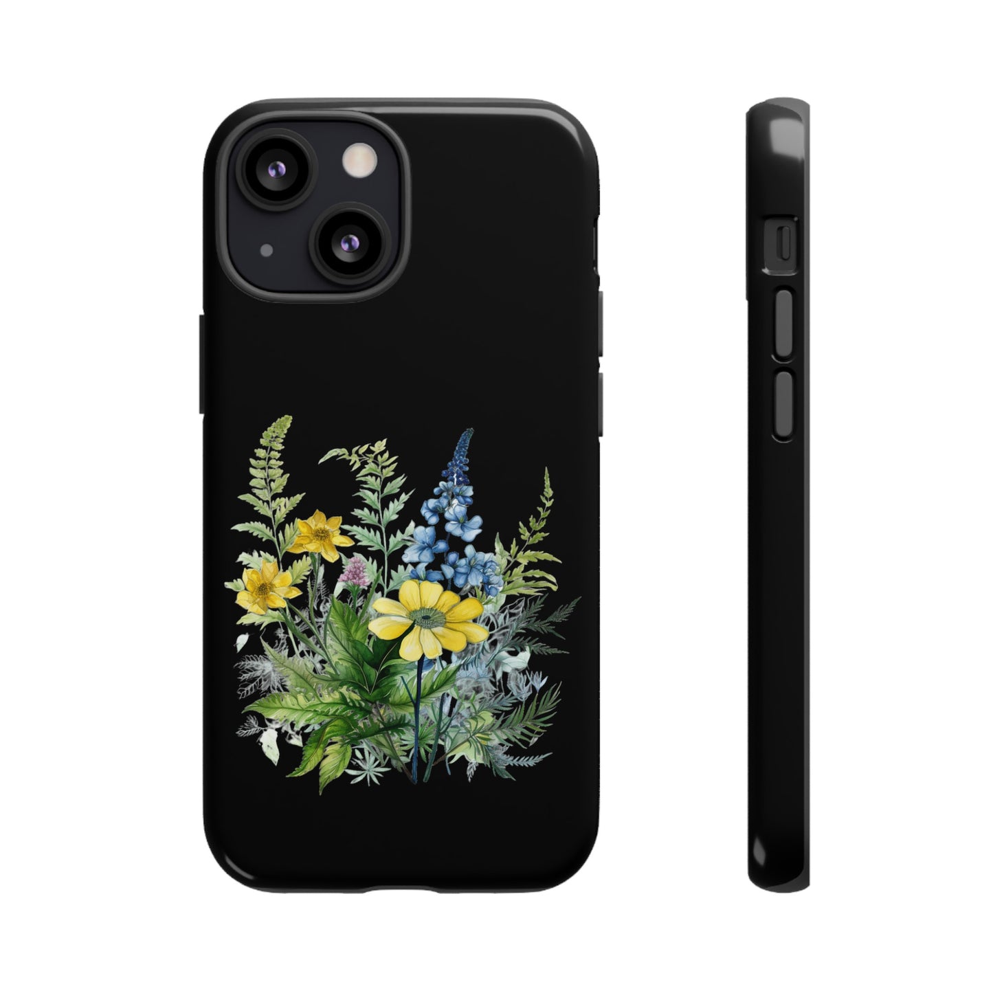 Yellow and Blue Wildflowers on Black Background Phone Case