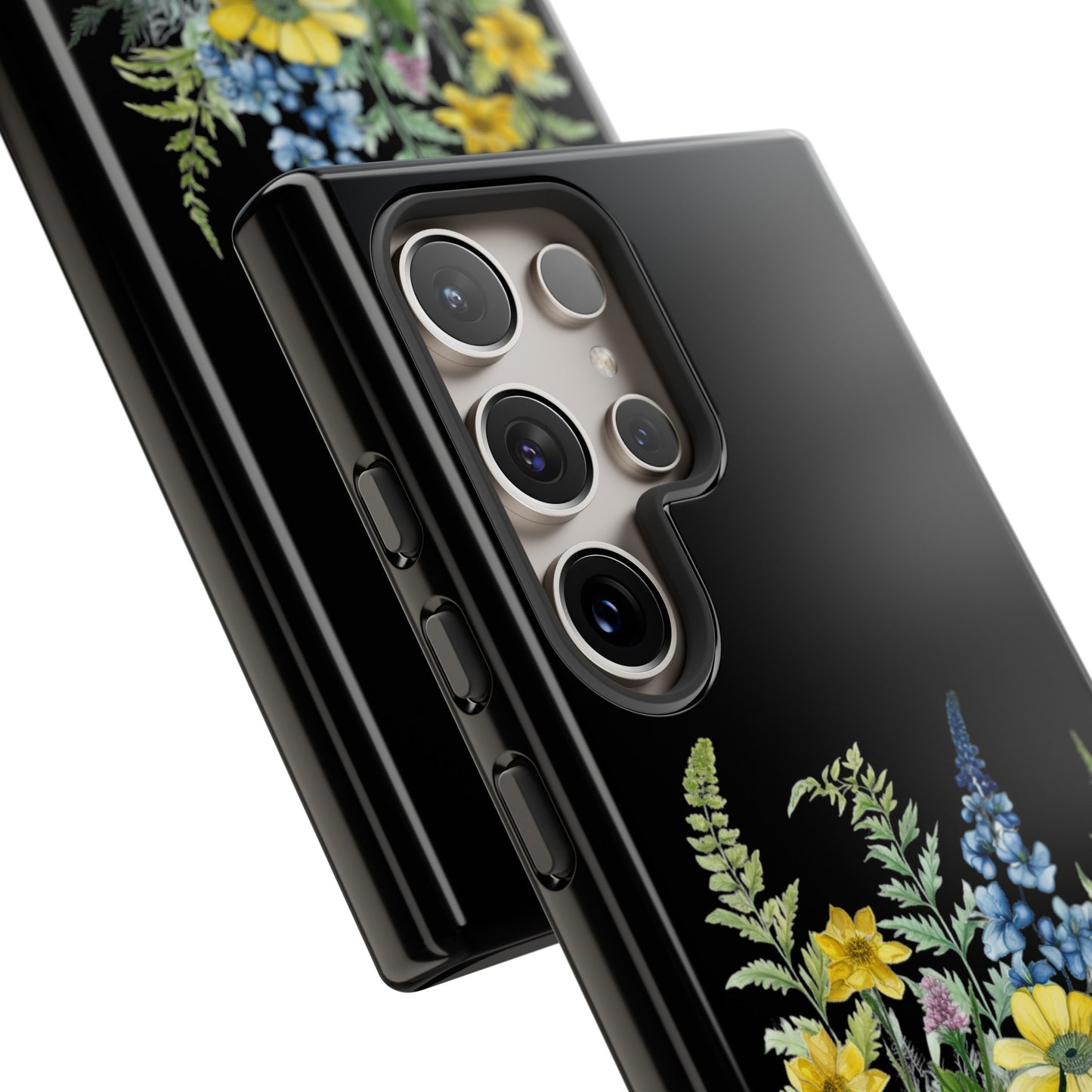 Yellow and Blue Wildflowers on Black Background Phone Case