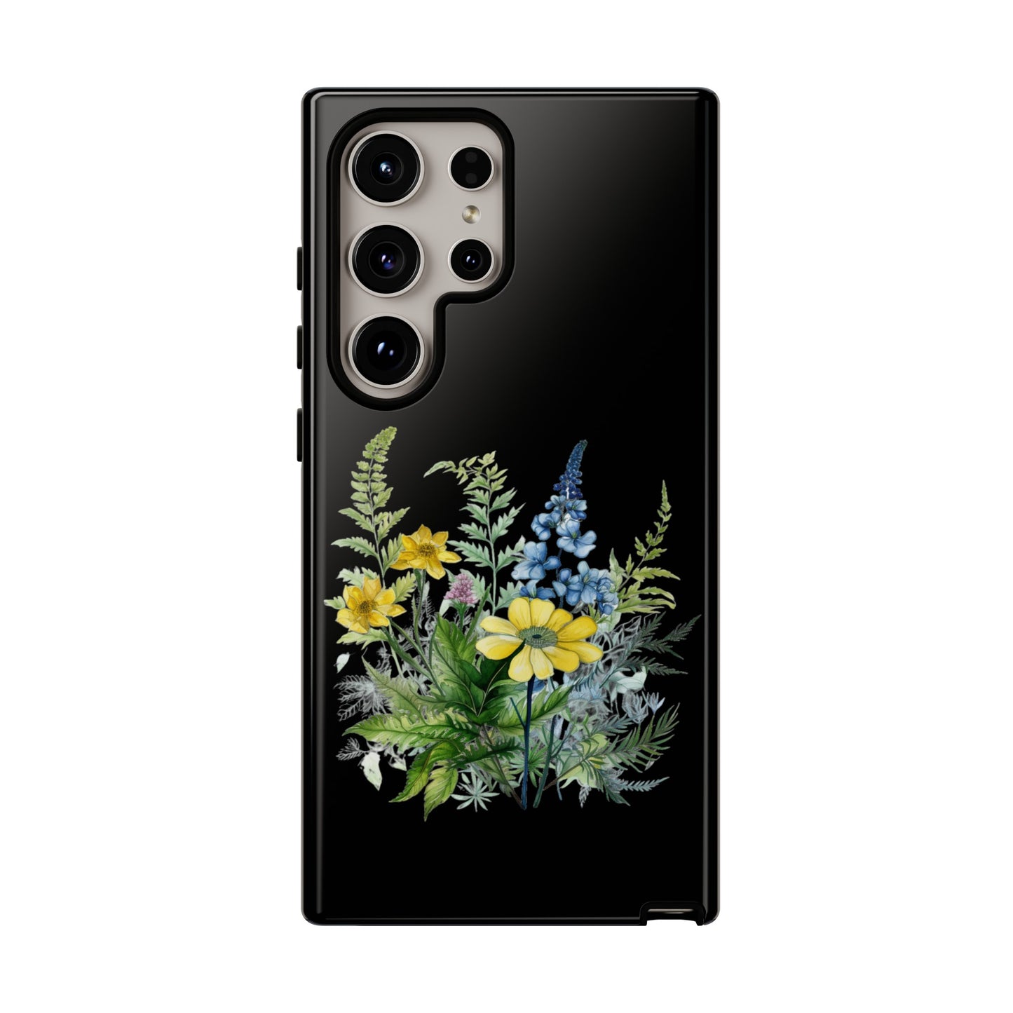 Yellow and Blue Wildflowers on Black Background Phone Case