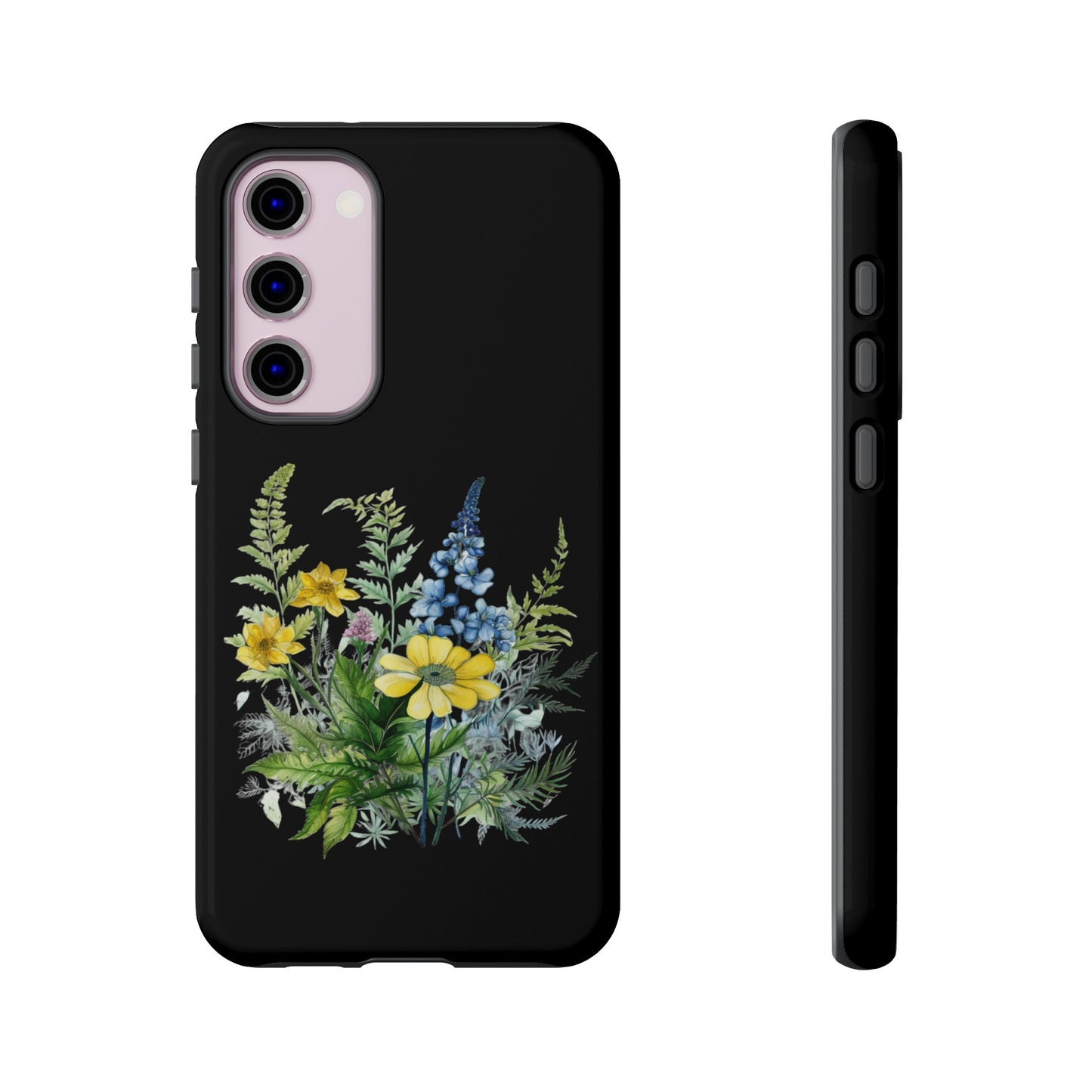 Yellow and Blue Wildflowers on Black Background Phone Case