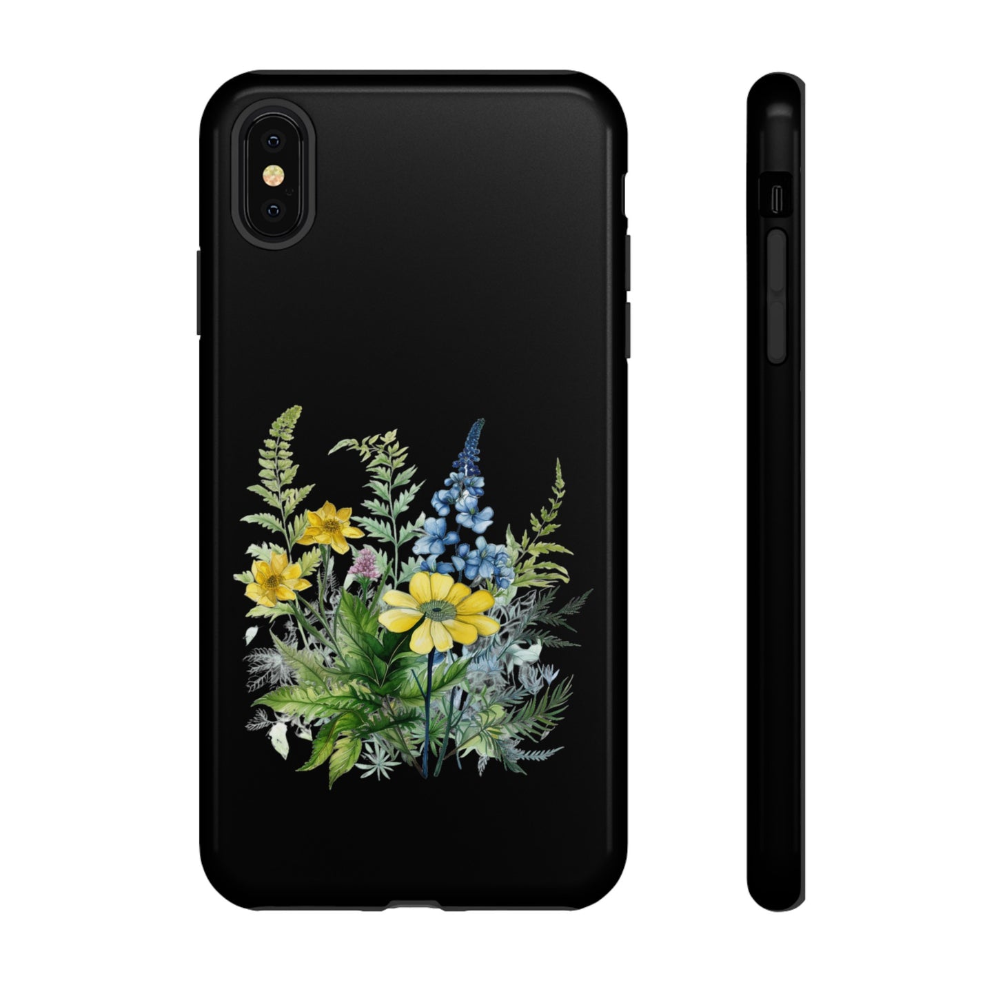 Yellow and Blue Wildflowers on Black Background Phone Case